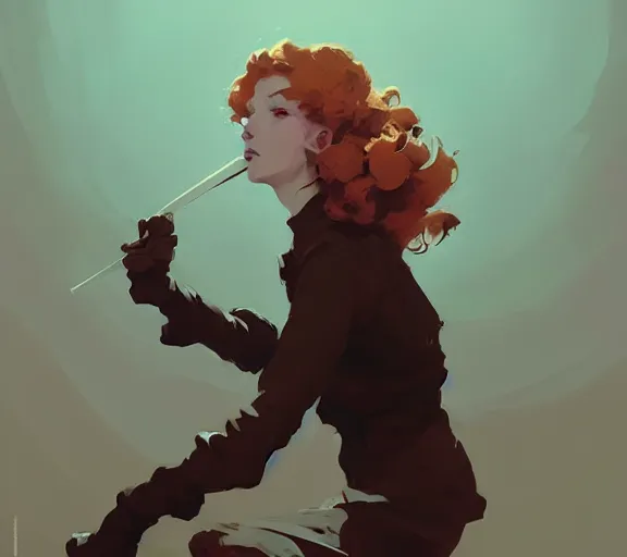 Image similar to portrait woman with short ginger curly hair on the duel with a men, by atey ghailan, by greg rutkowski, by greg tocchini, by james gilleard, by joe fenton, by kaethe butcher, by ashley wood, dynamic lighting, gradient light blue, brown, blonde cream and white color scheme, grunge aesthetic