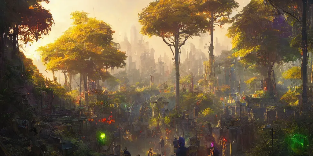 Prompt: a fantasy solarpunk city, illustration by greg rutkowski, bright sunlight, sun glints, vivid and colorful trees and plants and flowers, digital art, 8 k, trending on artstation, detailed