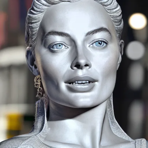 Prompt: a realistic renaissance sculpture of margot robbie by michelangelo, standing in times square, 3 d render, hyper detailed, sharp focus, 8 k resolution