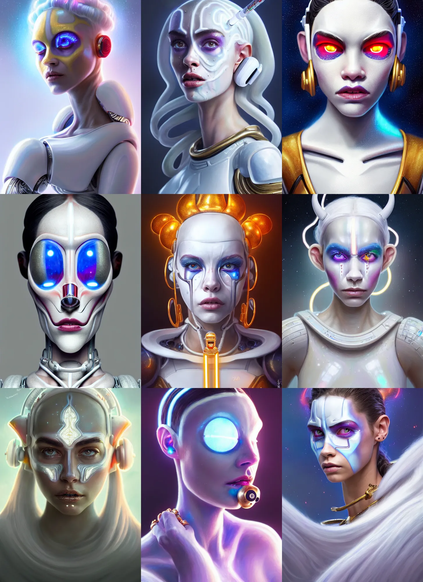 Prompt: bright white polished galactic cream clowncore weta cyborg : : disney pixar star wars portrait, soft devil queen madison beer, bling airpods, hi - fructose, sci fi fantasy intricate decadent highly - detailed digital painting, golden ratio, octane render, artstation, concept art, smooth, sharp focus, illustration, rutkowski, mucha, loish, wlop