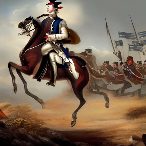 Image similar to George Washington rides a motorcycle to attack the British army in the revolutionary war, epic, cinematic, concept Art, detailed, 4K