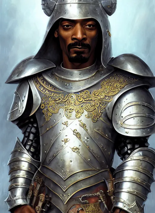 Image similar to snoop dogg as a paladin, short beard, grumpy, intricate plate armor, Ivan Aivakovsky, Boris Vallejo, epic fantasy character art, D&D Concept Art, full length, Realistic, Regal, Refined, Detailed Digital Art, Oil Paining, Exquisite detail, post-processing, masterpiece, Cinematic Lighting, Unreal Engine, 8k, HD, Stanley Artgerm Lau, WLOP, Rossdraws, Frank Frazetta, Andrei Riabovitchev, Marc Simonetti, trending on artstation,