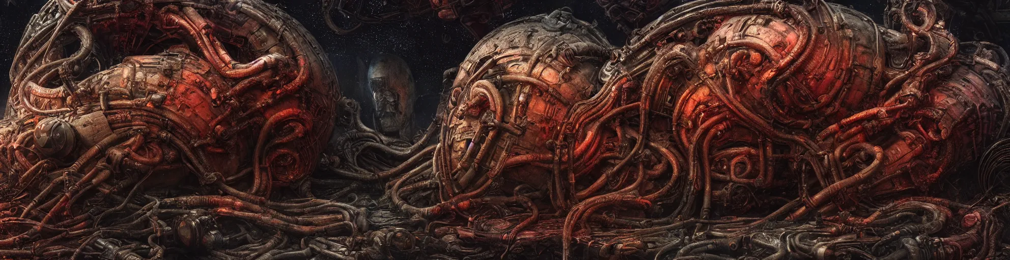 Image similar to Prometheus hibernation capsule biological sci-fi environment set close-up, hibernation capsule close-up, in a nightmarish universe of odd forms and somber tapestry, HR Giger and Vincent Di Fate, vivid color scheme, featured in artstation, octane render, cinematic, elegant, intricate, 8k