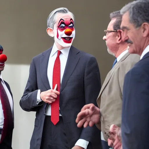 Image similar to Jerome Powell with clown makeup whiteface, talking with other clowns, full body, photo realistic, highly-detailed