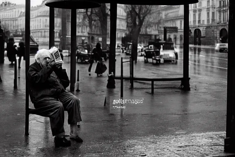 Prompt: a photojournalism photograph of an old man sat at the bus stop reading the newspaper, on a french parisian street in the morning on a rainy day, by henri cartier bresson, cinematic, beautiful lighting, leica