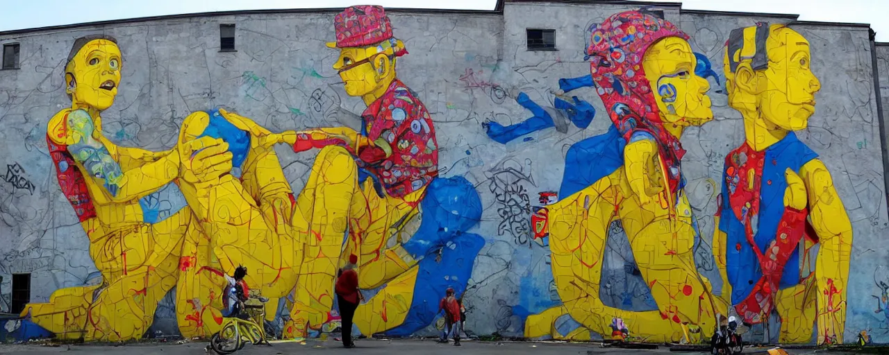 Image similar to a huge and complex mural by blu gemeos, street art style, graffiti, hyperdetailed