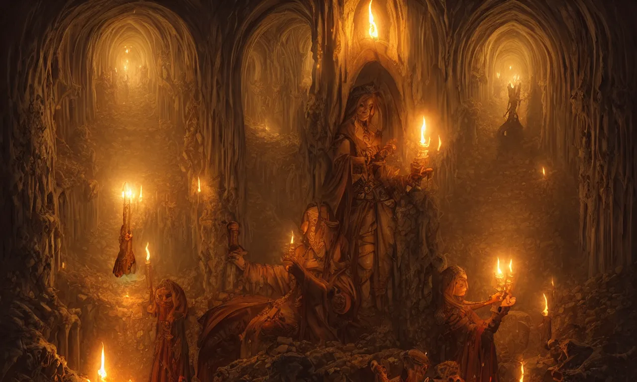 Prompt: Scary endless medieval catacombs with torches. Mystical nightmare concept, fantasy, intricate, elegant, highly detailed, digital painting, artstation, concept art, smooth, sharp focus, illustration, art by artgerm and greg rutkowski and alphonse mucha