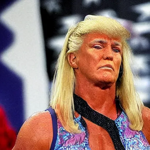 Prompt: a woman who is a genetic combination of hulk hogan and donald trump face and upper - body focus