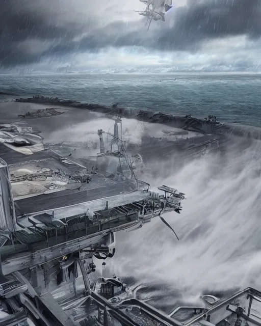 Image similar to view from an aircraft carrier of stormy seas, stormy weather, unreal engine, hyper realism, realistic shading, cinematic composition, realistic render, octane render, detailed textures, photorealistic, ultrawide shot, 16mm lens