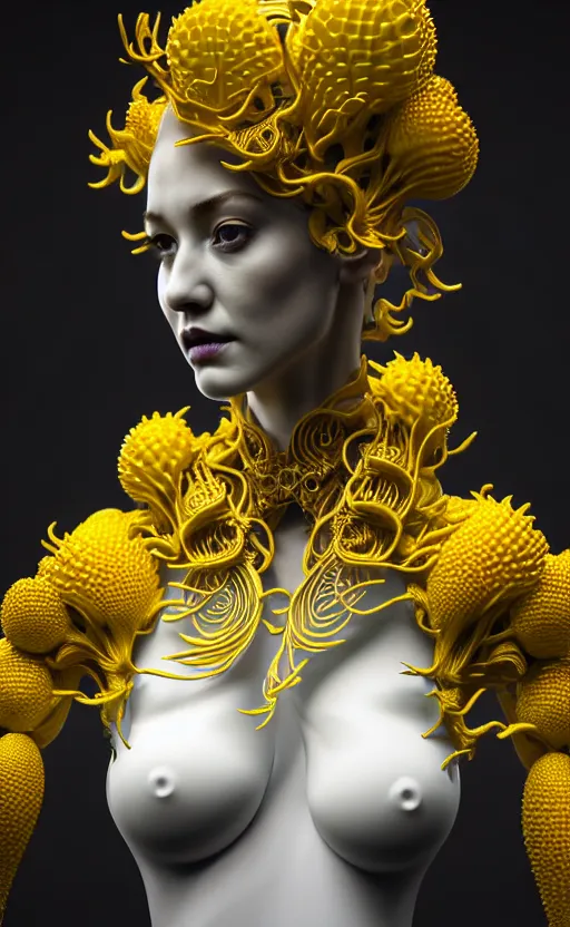 Prompt: intricate hyper detailed ultra sharp 3 d render of a beautiful porcelain seductive woman portrait, medium shot portrait, bright light, alexandre ferra mecha, cyberpunk mechanical haute couture huge white fractal mycelum and fungi, magnolia goliath head ornaments, big embroidered leaves filigree sinuous roots, yellow pistil, octane render, volumetric cinematic lighting, 8 k, vray tracing