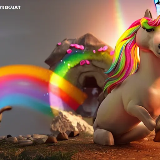 Prompt: a unicorn with flammingo neck is pooping rainbow colored donuts, unreal engine, octane render