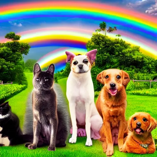 Image similar to a group of pet dogs and cats waiting patiently at the entrance to a glorious and heavenly rainbow bridge with tall heavenly golden gates at the entrance, real photo, detailed