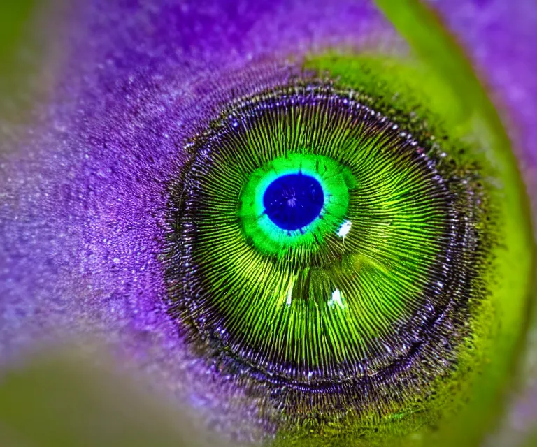 Prompt: close up of a green eye iris, perfect composition, symmetrical, blue electrical sparks, macro lens, 7 0 mm, highly detailed, photorealistic