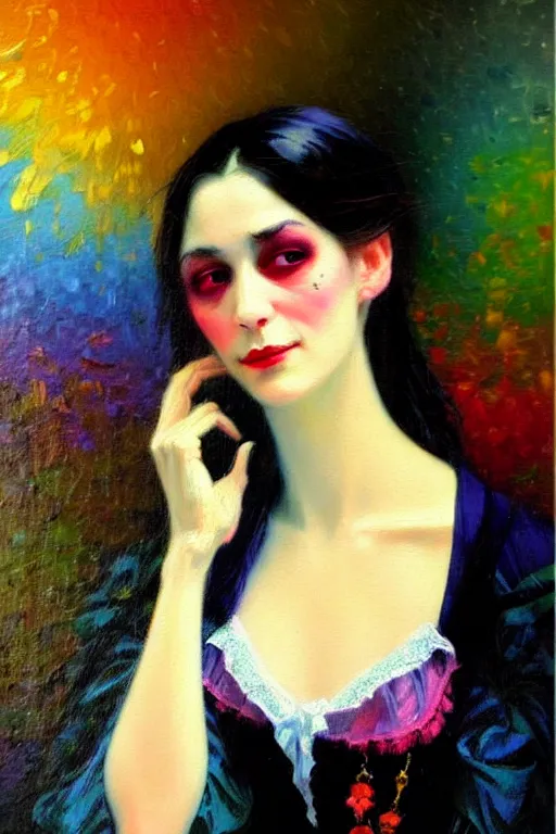 Image similar to impressionist brushstrokes!!!! lisa frank and richard schmid and jeremy lipking victorian loose genre loose painting full length portrait painting of a victorian vampire