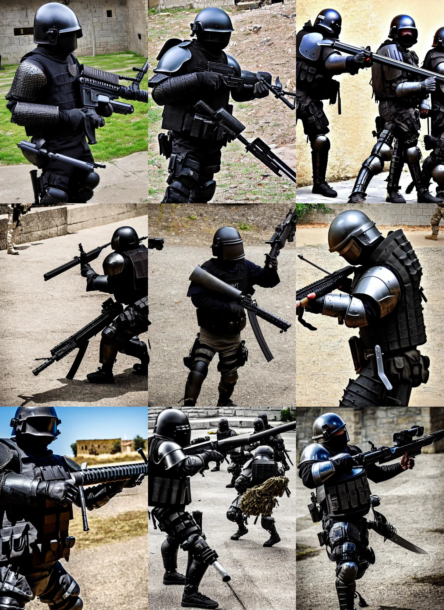 Prompt: swat police with m 4 rifle gun shooting a medieval armored knight with long sword
