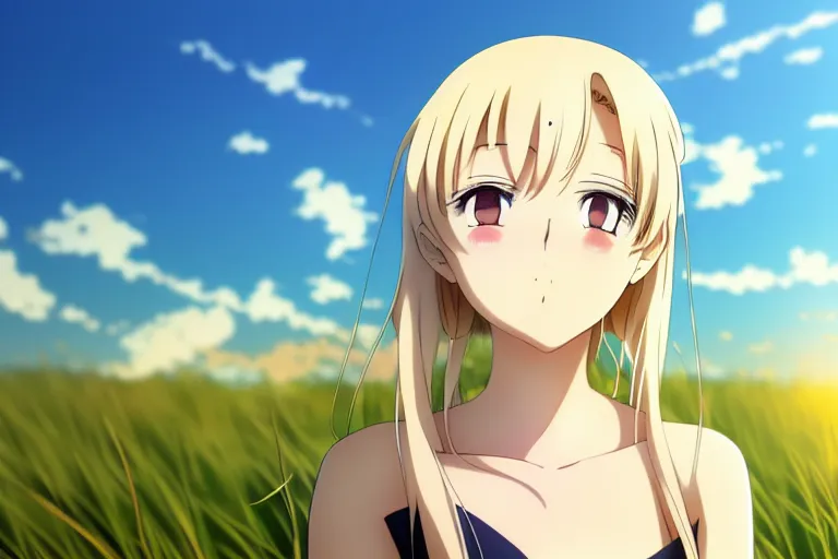 Prompt: anime art, anime key visual of elegant young female, close up at face, blonde hair and large eyes, finely detailed perfect face, standing in the grass at sunset, golden hour sunset lighting, background blur bokeh!!, trending on pixiv fanbox, studio ghibli, extremely high quality artwork, 4 k - t