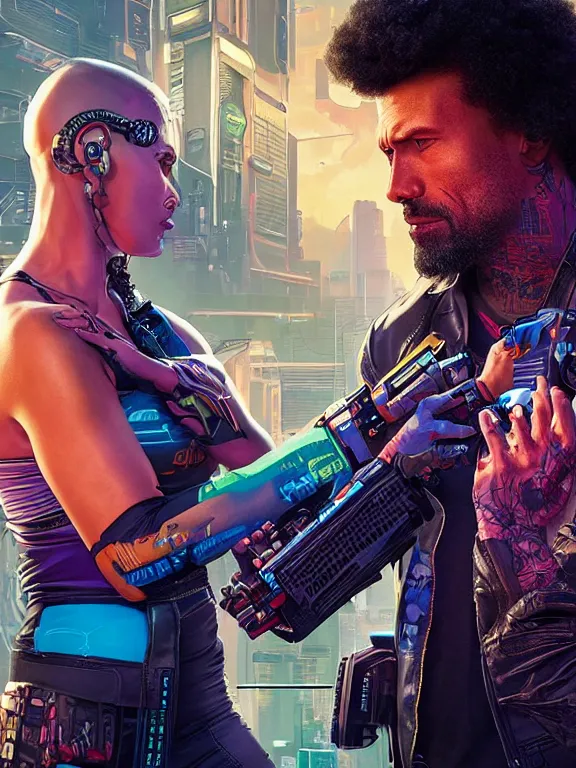 Prompt: a cyberpunk 2077 portrait of Dwayne Johnson holding a female android dancer with tango pose,complex mess of cables and wires behind them connected to giant computer, love moive,film lighting, by laurie greasley,Lawrence Alma-Tadema,William Morris,Dan Mumford, trending on atrstation, full of color,face enhance, highly detailed,8K, octane,golden ratio,cinematic lighting