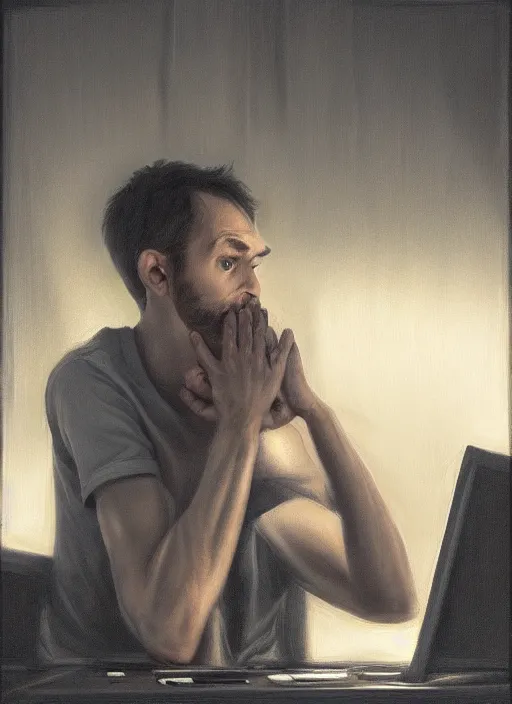 Prompt: insanely detailed chiaroscuro image of a exhausted - looking stalky casually - dressed programmer guy on his knees facing his glowing ultrawide computer monitor monitor begging it for forgiveness, oil on canvas, masterwork, fine detail, trending on artstation, emotive, insanely compelling, ryden, koons, moebius