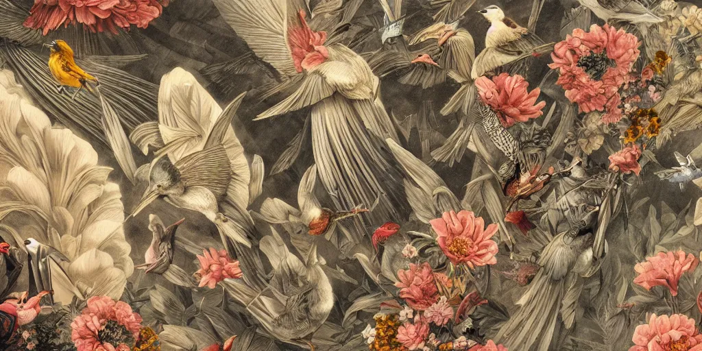 Image similar to breathtaking detailed concept art painting art deco pattern of birds amalmation blend of flowers and birds, by john james audubon, bizarre compositions, exquisite detail, extremely moody lighting, 8 k