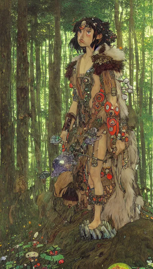 Prompt: Princess Mononoke, fully clothed in armor, lush fairy forest, neon, concept art, schematics, gnarly details painted by gustav klimt, norman rockwell, mucha, james gurney, high detail, denoised, sharp, architectural