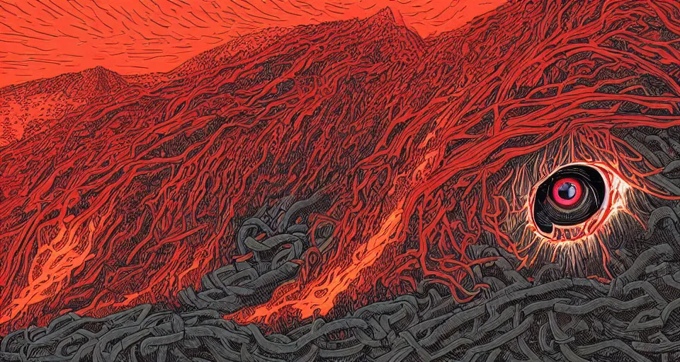 Image similar to a volcano made of ivory vines and crimson rocks enters in eruption, it spits a smoke in the shape of demonic eye, by dan Mumford