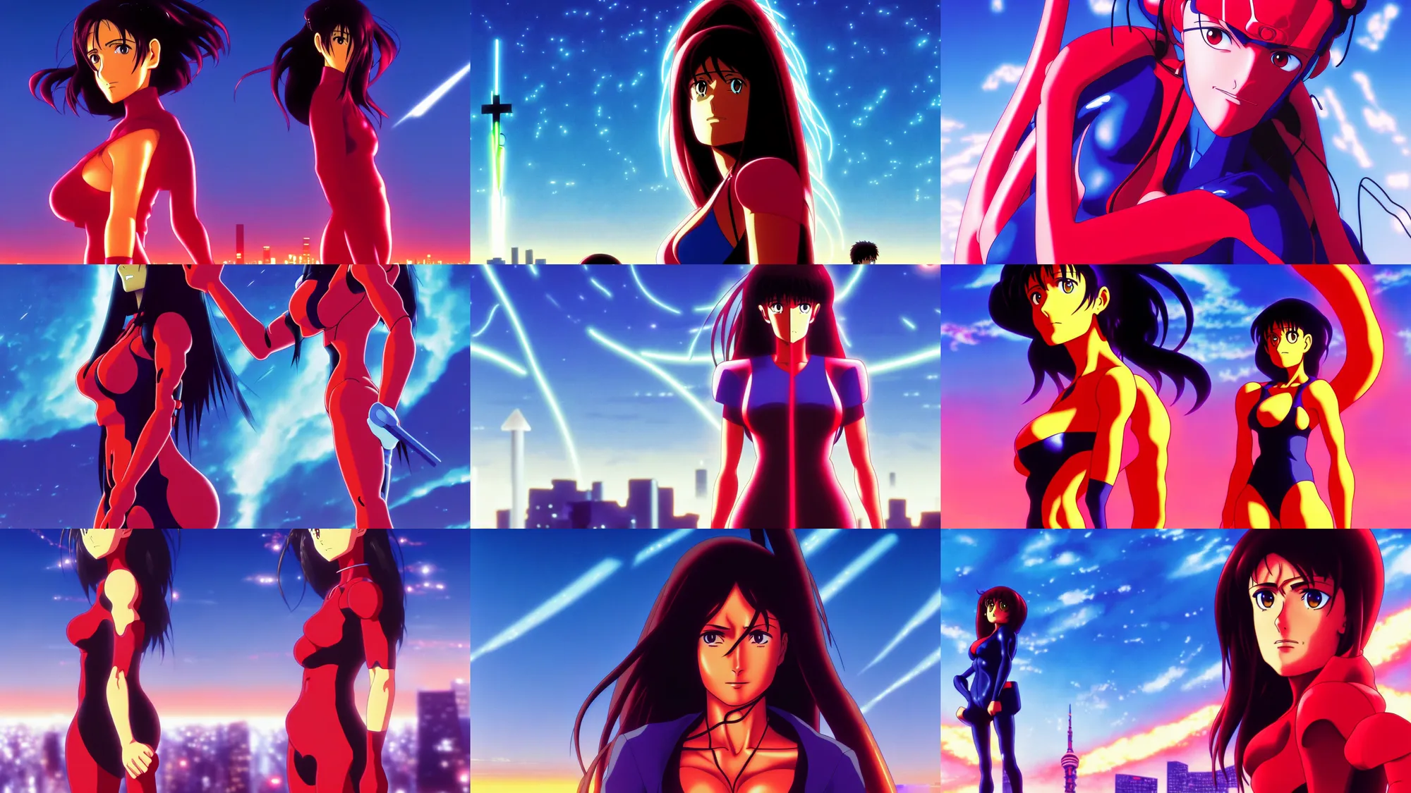 Prompt: medium portrait salma hayek in neon genesis evangelion movie, detailed face, sci - fi city, tokyo, ufotable, key visual, cinematic, city background, night time, street, fate stay night, unlimited blade works, greg rutkowski, high resolution, street clothes, anime, high budget