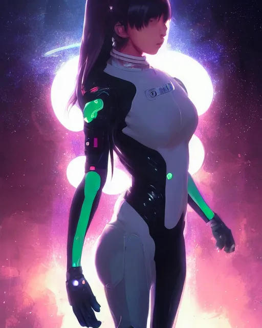 Image similar to anime visual of a female astronaut, neon, cyberpunk, black futuristic suit, stunning, highly detailed, digital painting, artstation, smooth, soft focus, illustration, art by artgerm and greg rutkowski and alphonse mucha