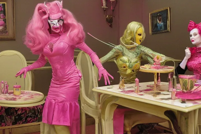 Image similar to Angelyne fights Scorpion from Mortal Kombat in the tea room, painted by mark ryden