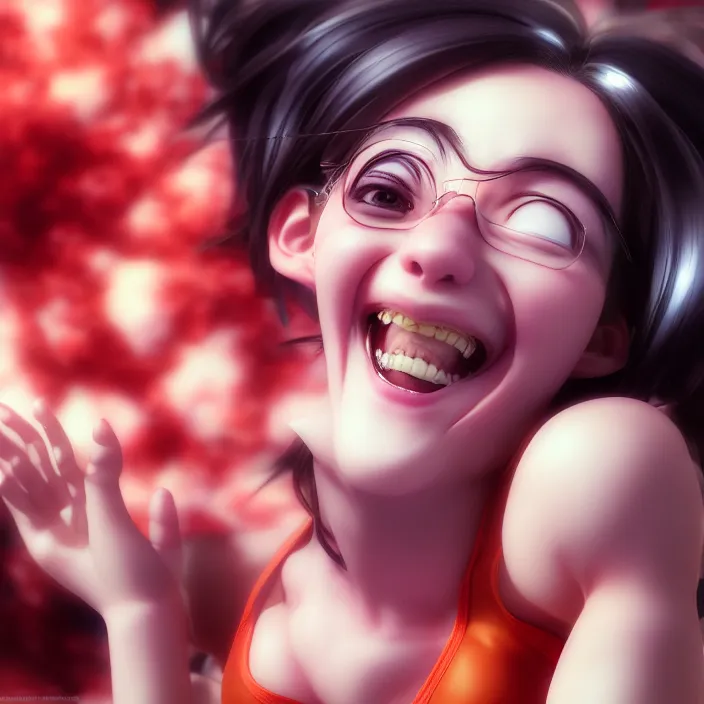 Image similar to portrait of the popular girl laughing at the viewer, by katsuhiro otomo, yoshitaka amano, nico tanigawa, and artgerm rendered with 3 d effect.