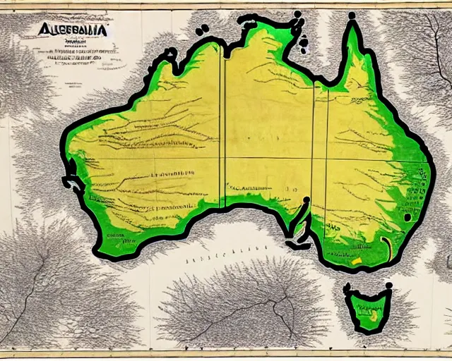 Image similar to recently rediscovered map of Australia, 16k scan, colorized, beautiful, intricate detail,