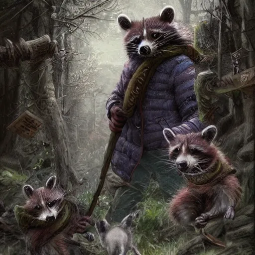 Prompt: Frank Dillane covered in raccoons, digital painting, old english, whimsical background by marc simonetti, artwork by liam wong