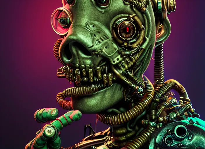 Prompt: an intricately detailed ultra - realistic unreal engine 5 rendering of a portrait of steampunk cyberpunk neon - bordered cyborg zombie creature from the black lagoon, concept art, intricate details, eerie, highly detailed, photorealistic, octane render, 8 k uhd art by kilian eng