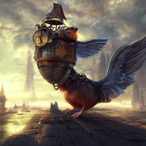 Prompt: oil painting of steampunk hamster, riding on giant duck, steampunk city background, sharp focus, fantasy style, octane render, volumetric lighting, 8k high definition, by greg rutkowski, highly detailed, trending on art Station, explosions, magic the gathering artwork, centered