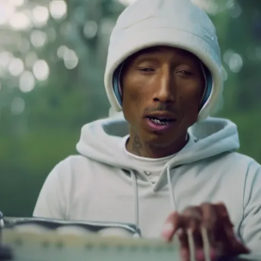 Image similar to cinematic film still of Pharrell Williams Making A Beat with an anthropomorphic alien, Japanese VFX, 2018, 400mm lens, f1.8, shallow depth of field,film photography