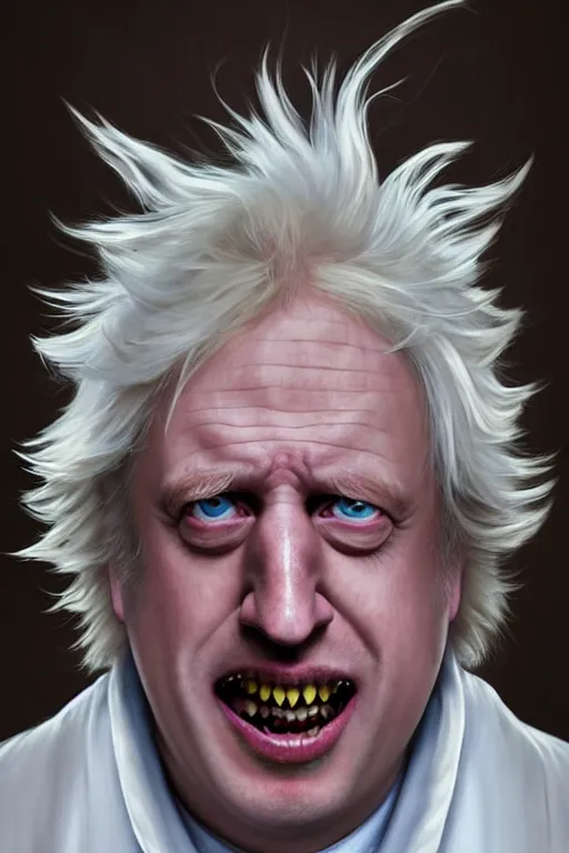 Image similar to Boris Johnson as crazy genius Rick Sanchez from Rick and Morty, unibrow, white robe, big eyes, realistic portrait, symmetrical, highly detailed, digital painting, artstation, concept art, smooth, sharp focus, illustration, cinematic lighting, art by artgerm and greg rutkowski and alphonse mucha