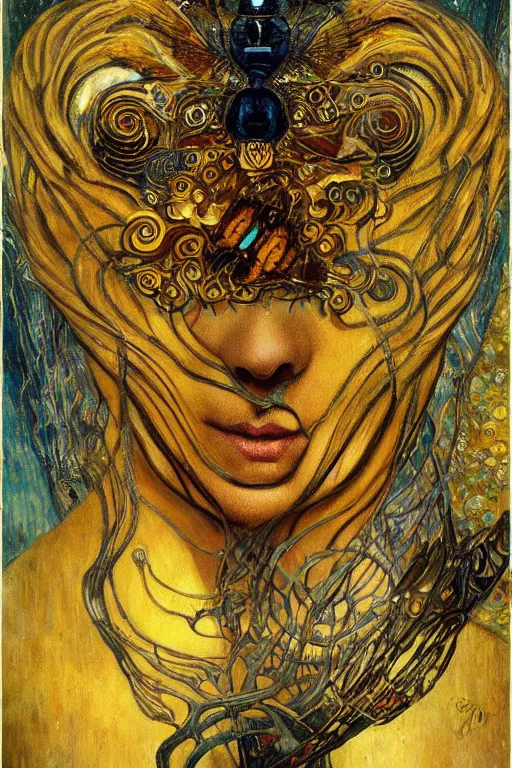 Image similar to Metamorphosis by Karol Bak, Jean Deville, Gustav Klimt, and Vincent Van Gogh, transformation portrait, chimera, visionary, cicada wings, otherworldly, fractal structures, ornate gilded medieval icon, third eye, dynamic, hybrid, fusion, change, spirals, horizontal symmetry