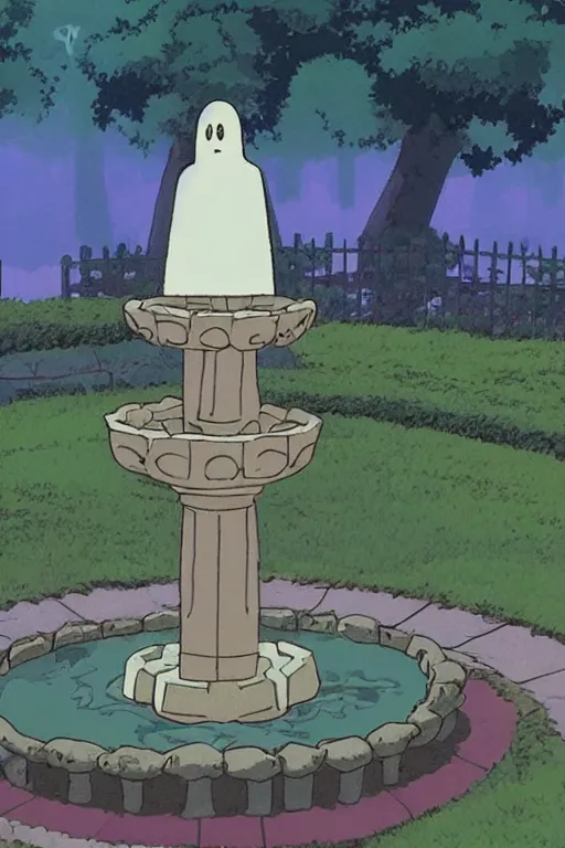 Prompt: A ghost wanders close to a stone fountain in a well planted formal flower garden at dusk studio ghibli