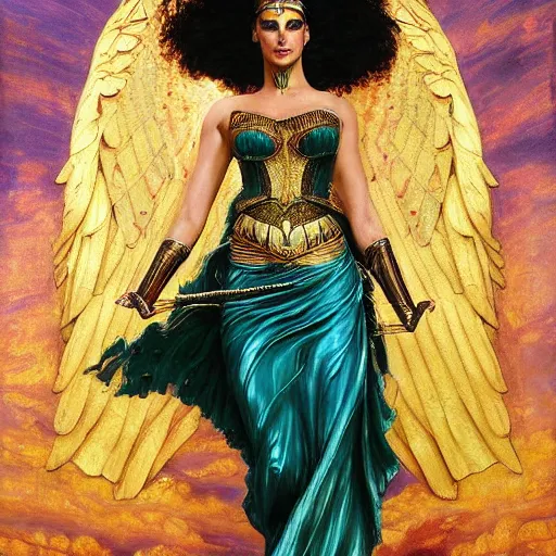 Image similar to Full body oil painting of the beautiful goddess Gal Gadot as Cleopatra, she is wearing egyptian clothes and a surreal jewelry, her hair is natural disheveled, she is approaching heaven over the clouds, Anubis is close to her, naturalism, dramatic lighting, high-detailed oil painting by Ilya Repin, Michelangelo da Caravaggio, William Blake, Alex Grey and Beksinski, trending on Artsation, hystorical painting, naturalism, masterpiece, 4k, 8k,