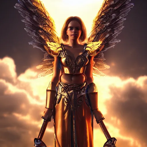 Prompt: Portrait of a beautiful woman in angelic battle armor and wings, wielding a flaming sword, among the clouds, golden hour, cinematic, epic, 4k, stylized, realism