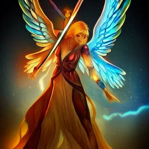 Image similar to « beautiful, divin archangel, with a sword, beautiful wings, glowing lights, detailed »