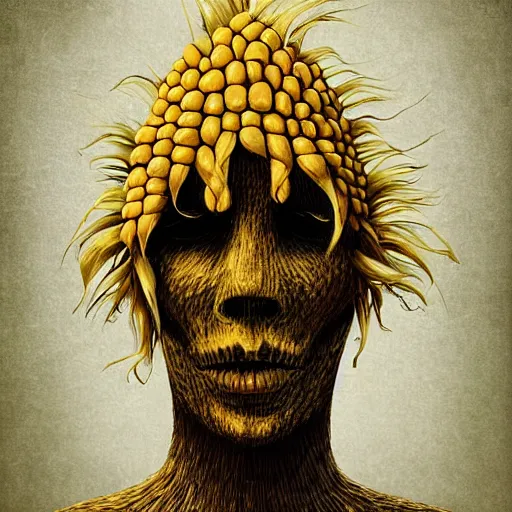 Prompt: A portrait of a corn monster, eerie, digital art, illustration