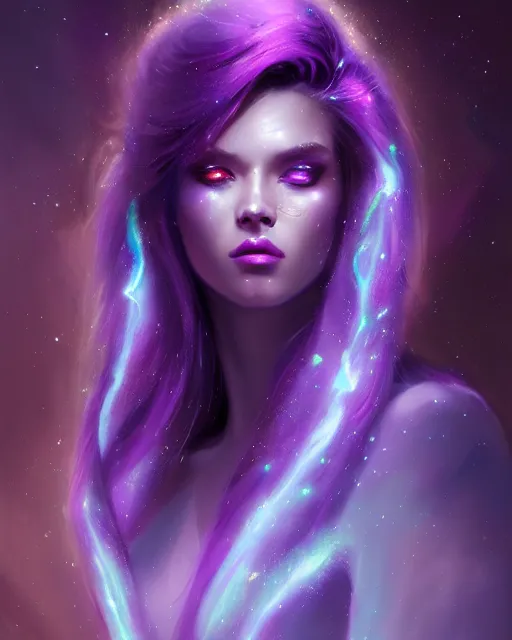 Image similar to epic portrait cinematic shot the galaxy goddess, flowing purple glittery hair, glowing purple eyes, an space robes, space backround, fine details. night setting. realistic shaded lighting poster by craig mullism, artgerm, jeremy lipkin and michael garmash, unreal engine, radiant light, detailed and intricate environment, digital art, trending on art station,