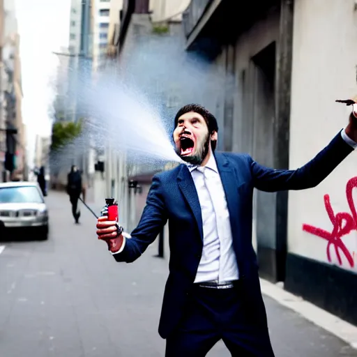 Image similar to businessman in a suit with his trousers down, holding a graffiti spray can, and screaming like a maniac in a busy city street