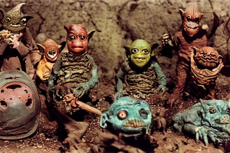 Image similar to autochrome photo of vintage disgusting brown Boglins, plastic goblin monster toys in sewer, kaiju, oni, realistic