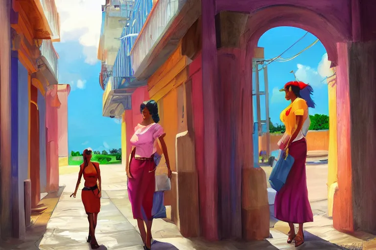 Image similar to concept art, painting of two cuban women in havana, digital anime art, good lighting,