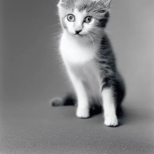 Image similar to a portrait photo of a cute solid gray solid white kitten wearing a tuxedo by edward weston, auto graflex, 2 1 0 mm ƒ / 6 4 zeiss tessar, agfa isopan iso 2 5, pepper no. 3 5, 1 9 3 0, high quality photo, highly detailed, studio lighting, fine - art photography, tack sharp