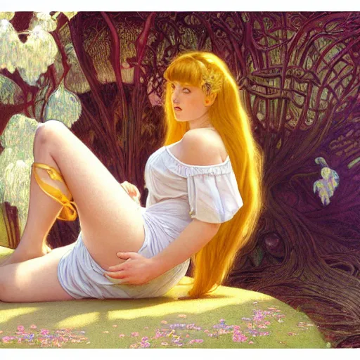 Image similar to A young woman with blonde long hair and bangs in shorts and white shirt drawn by Donato Giancola and Michael Parkes, frank frazetta, alphonse mucha, background by James Jean and gustav klimt, 4k, volumetric lighting, french nouveau, trending on artstation, octane render, hyperrealistic