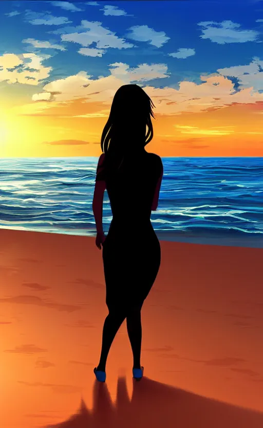 Prompt: woman looking at the sea on the beach during sunset, realistic shaded, highly detailed, anime, realistic