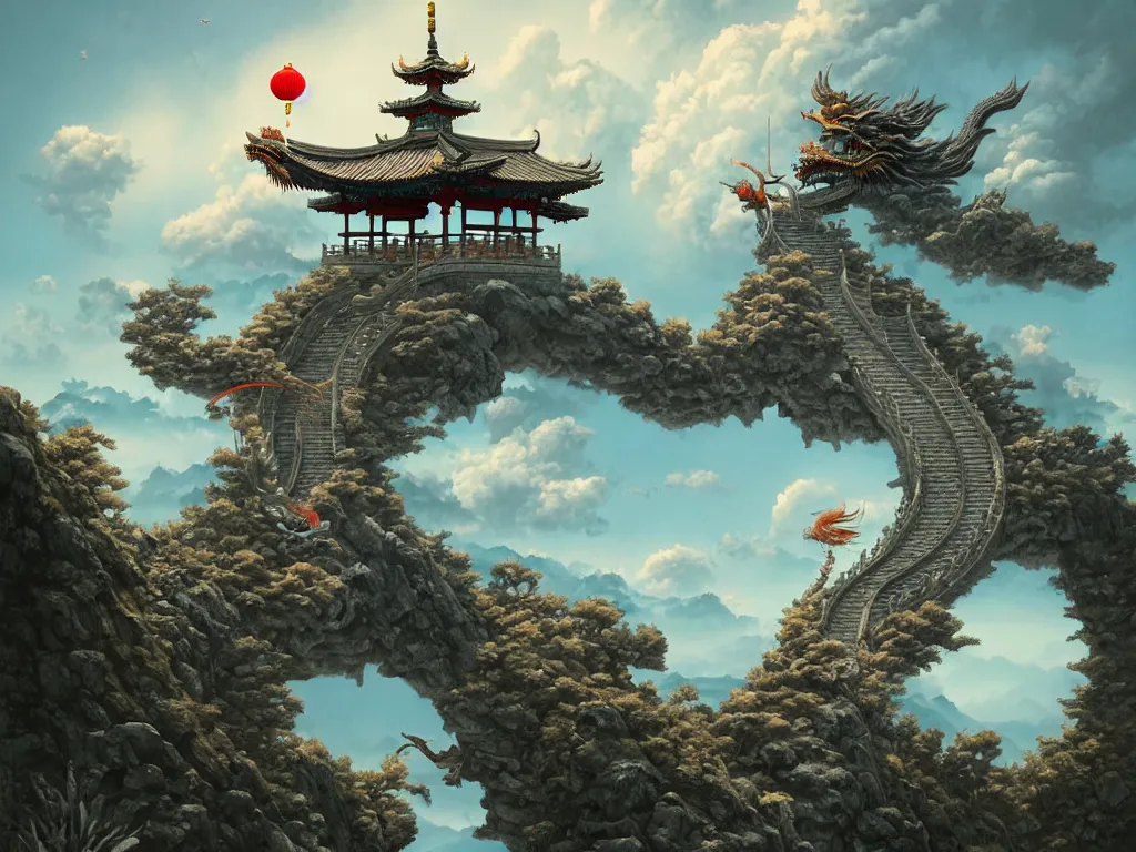 Image similar to a simple shinto gate stands atop stone stairs on a mountain, a single chinese dragon by toriyama akira flies in the clouds above by peter mohrbacher and dan mumford and nekro, cgsociety, volumetric light, 3 d render