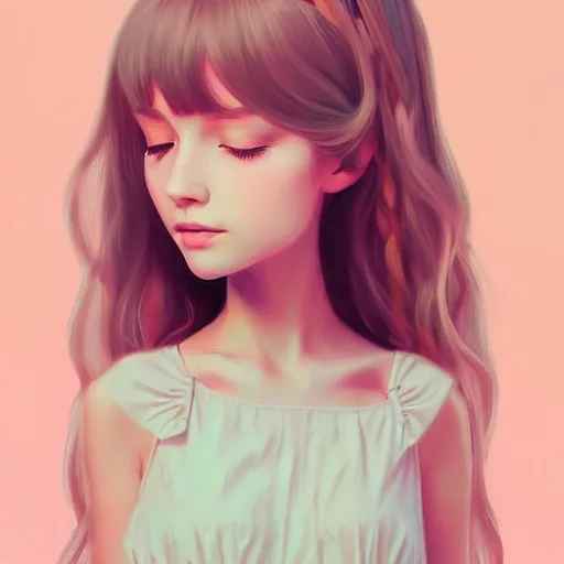 Image similar to young girl in summer dress art, pastel light pink long hair, muted colors, matte print, pastel colors, ornate, digital art, digital painting, fan art, elegant, artstation, head is centered, by Ilya Kuvshinov